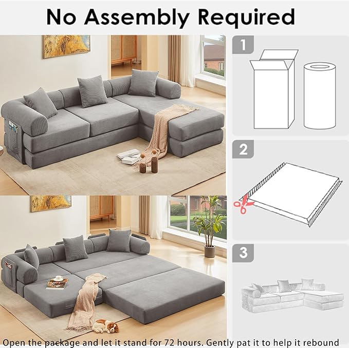 107" Oversized Convertible Sleeper Sofa Bed, Corduroy L Shape Sectional Couch, Folding Sofa Bed with Side Pocket, Modern Cloud Floor Mattress Couch, Modular Sofa for Living Room, Grey-Ruum Studio Home