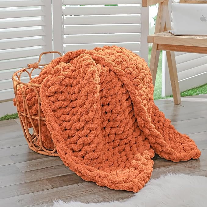 Bigacogo Chunky Knit Throw Blanket for Couch, 40x60 inches, 100% Hand Knitted with Thick Jumbo Chenille Yarn, Cozy Soft Large Rope Knot Cable Crochet Blankets for Sofa Bed Living Room, Terracotta-Ruum Studio Home