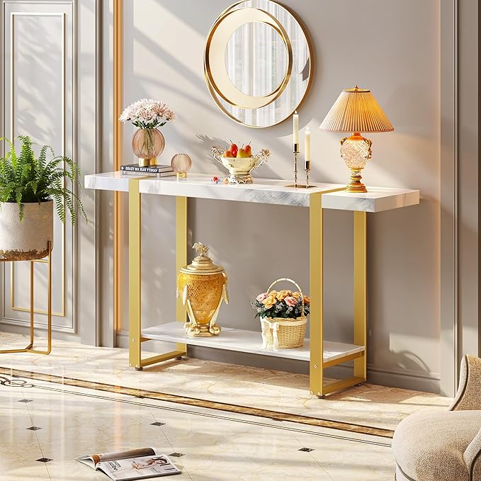 Huuger 47.2 Inch Entryway Table with Marble Top, 2-Tier Modern Console Sofa Table with Storage, Accent Table, for Entry, Hallway, Entrance, Foyer, T-Shaped Metal Frame, White Marble & Gold-Ruum Studio Home