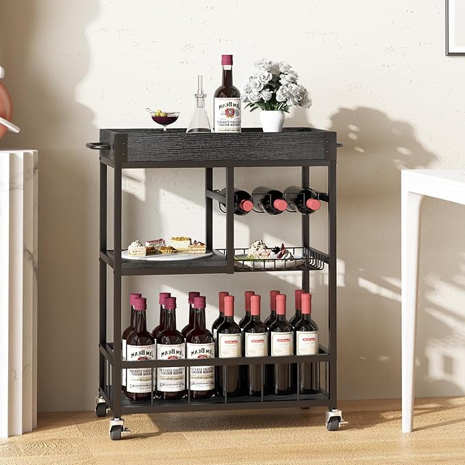 Bar Cart with Basket 3 Tiers Home Rolling Wine Rack with Wheels Mobile Kitchen Industrial Vintage Style Wood Metal Serving Trolley Serving Cart,Black Frame Home Kitchen Shelf for Party-Ruum Studio Home