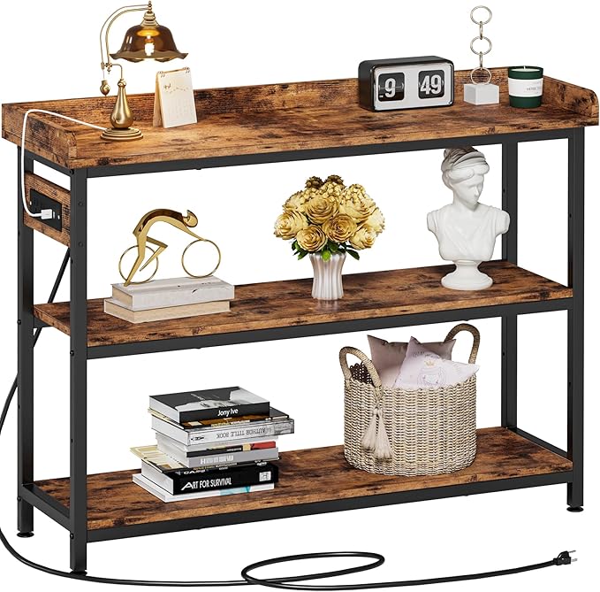 IRONCK Console Table, Sofa Table with Power Outlet, Farmhouse Hallway Table for Entryway, Living Room, Height Adjustable, Easy Assembly, Rustic Brown, 43"-Ruum Studio Home