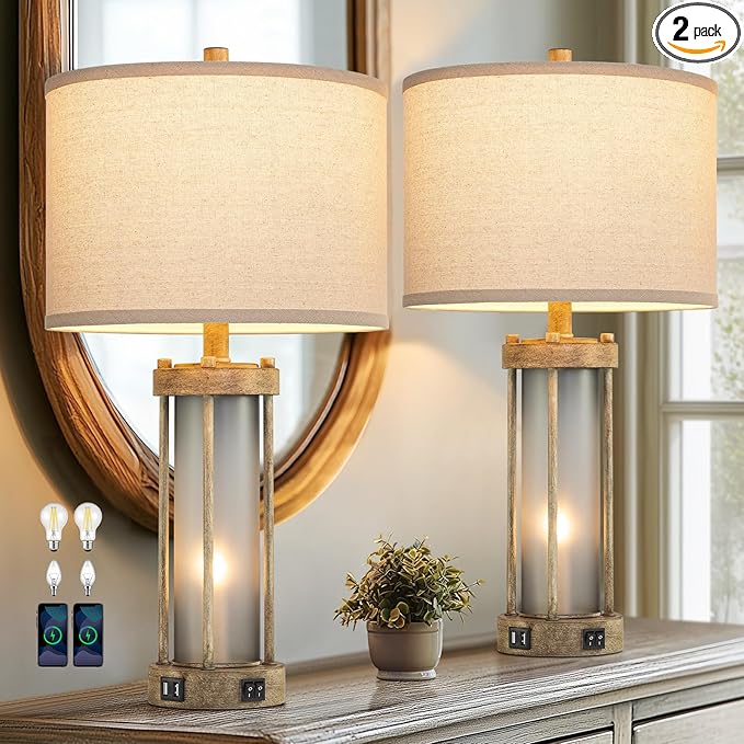 Farmhouse Table Lamps Set of 2 for Living Room, Vintage Bedroom Nightstand Lamp with Dual USB Ports, Bedside Lamp with Frosted Glass Nightlight for End Table Entryway, 4 Bulbs Included (Earthy Gray)-Ruum Studio Home