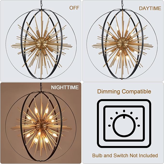 31.5" Black Gold 16-Light Globe Sputnik Chandelier Modern Industrial Adjustable Hanging Ceiling Firework Pendant Light Fixture for Entryway Foyer Stairway Bedroom Dining Living Room Hallway-Ruum Studio Home