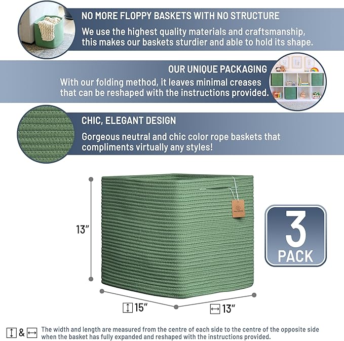 NaturalCozy 13x15x13 Kallax Storage Cubes Bins, 3 Pack | Cotton Rope Cube Storage Bin Woven Baskets for Organizing | Kallax Insert Storage Baskets for Shelves Organizer, Kids Toy, Closet Baby Nursery-Ruum Studio Home