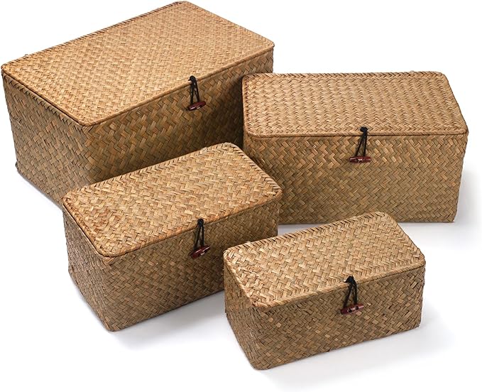 Wicker Basket with Lid, Seagrass Storage Basket, Woven Baskets for Storage, Decorative Storage Baskets for Shelf Organizing, Natural-Ruum Studio Home