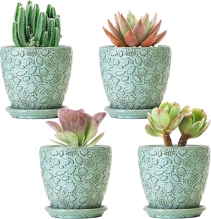 Succulent Planter for Indoor Plants, 4 Inch Small Ceramic Plant Pot with Drainage Holes and Saucers, Flower Pots for herb - Set of 4-Ruum Studio Home