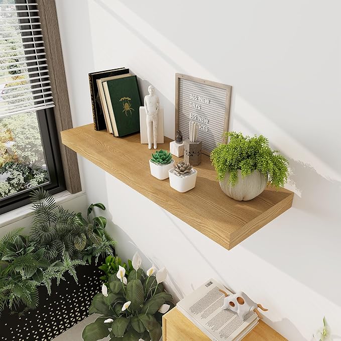 Floating Shelves 36 Inch Long, 12 Inch Deep Floating Shelves for Wall, 36 x 12 Shelves for Wall Storage & Display, 2" Thick Floating Shelf for Bathroom, Living Room, Bedroom, Oak Color, Set of 1-Ruum Studio Home