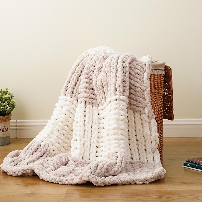 Battilo Chunky Knit Throw Blanket, Soft and Thick Chenille Throw Blanket, 50"x60" Handmade Cable Knit Crochet Blanket, Large Rope Knot Throw Blankets for Couch Sofa Bed Home Decor, Beige & White-Ruum Studio Home