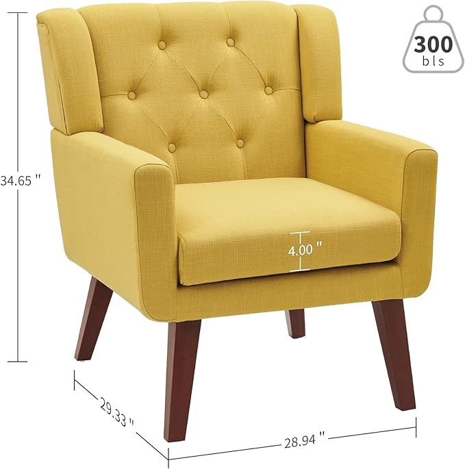 Accent Chair Button-Tufted Upholstered Living Room Chairs Comfy Reading Chair Mid Century Modern Chair with Linen Fabric Lounge Arm Chairs for Living Room Bedroom (Yellow)-Ruum Studio Home