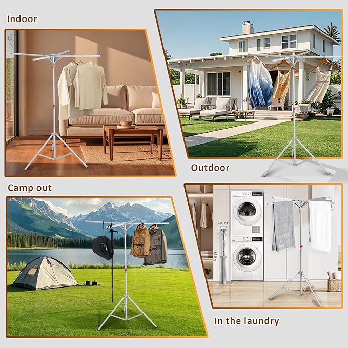 Tripod Drying Rack Height Adjustable, 2025 Upgraded Foldable Portable Standing Drying Rack,Carbon Steel Material Drying Rod, Easy to Install,Use for Indoor and Outdoor Clothes, Towel Drying-Ruum Studio Home