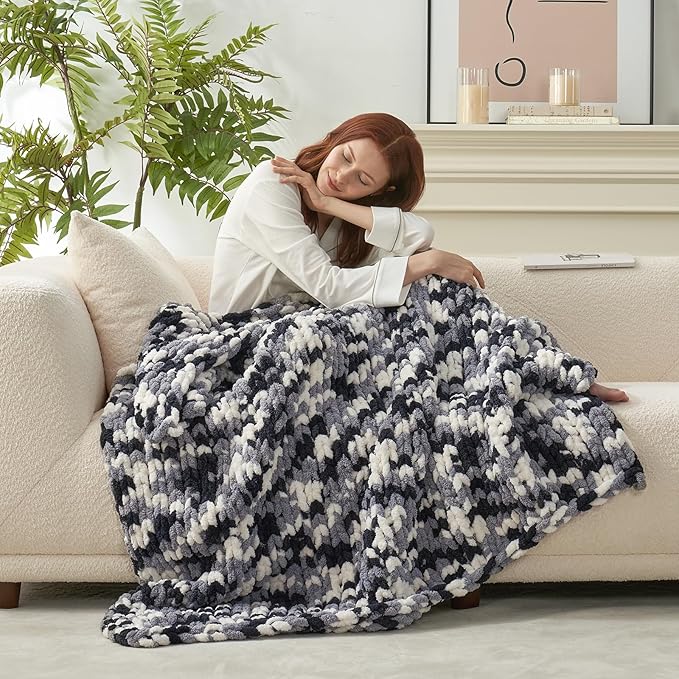 Amélie Home Chunky Knit Throw Blanket for Couch, Soft Chenille Crochet Blanket for Sofa, 50"x60", Space-Dyed Black-Ruum Studio Home