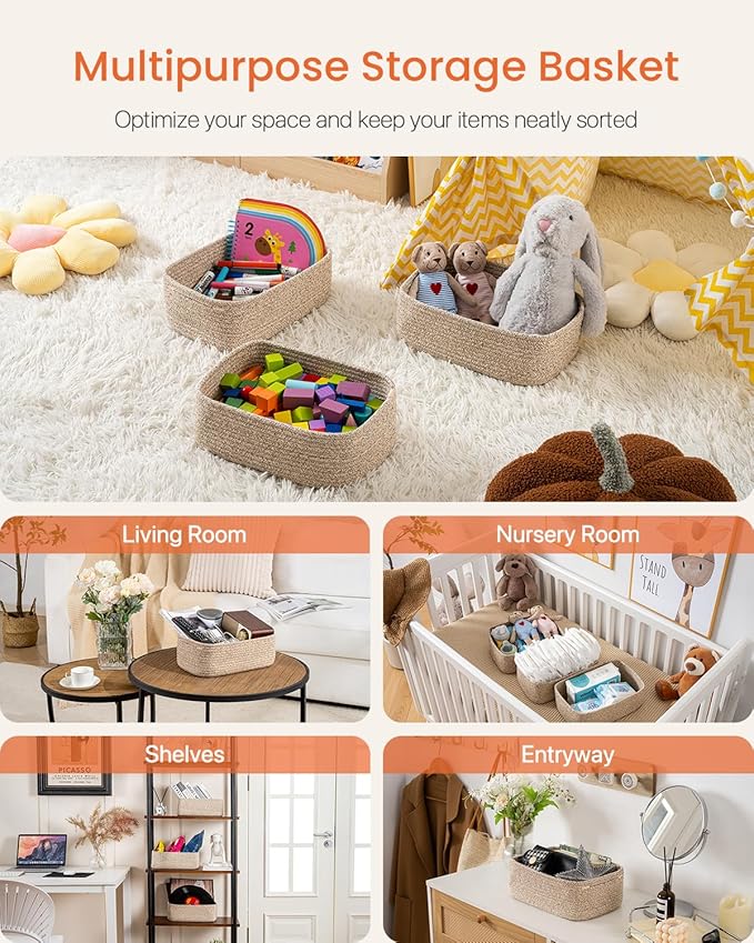 Small Woven Basket, 12 x 8 x 4.5 Inches, Storage Basket for Organizing, Cute Small Rope Shelf Closet Cube Storage Bins Baskets for Shelves, Dog Toy Gift Baskets Empty, 3 Packs, Mixed Brown-Ruum Studio Home