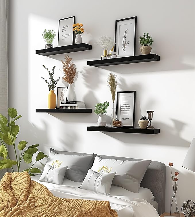 Wood Floating Shelves for Wall Decor, Rustic Wall Shelves for Bedroom Bathroom Kitchen Living Room, Set of 6 Black-Ruum Studio Home