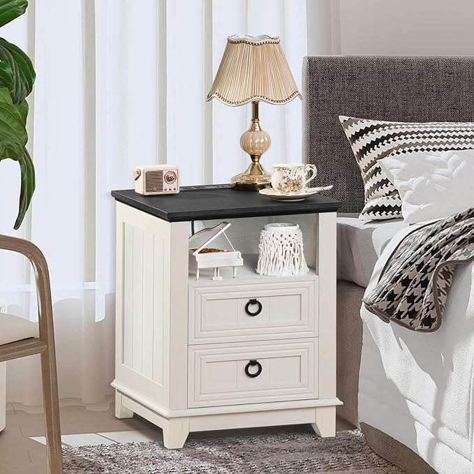 18" Farmhouse Night Stands Set of 2 with Charging Station, 2 Drawers End Table Dresser for Bedroom， Wooden Nightstand, Bed Side Table with Open Shelf, Bedside Cabinet for Living Room（White）-Ruum Studio Home