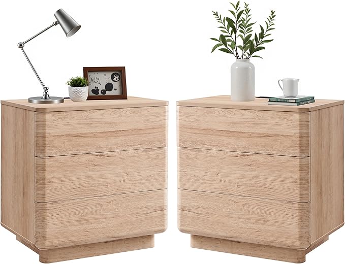 JXQTLINGMU 22" Modern Nightstand Set of 2 with Charging Station, Large Push-to-Open End Table, Wood Bedside Table, Curved Profile, Handleless 3 Drawer Night Stand for Bedroom, Living Room, Natural Oak-Ruum Studio Home