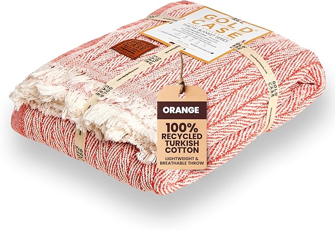 Gold Case Throw Blanket for Couch – 100% Recycled Turkish Cotton Blankets & Throws – Elegant Decorative Throw Blankets for Living Room Sofa – Woven Throws for Couch – Vintage Orange – 60x80-Ruum Studio Home