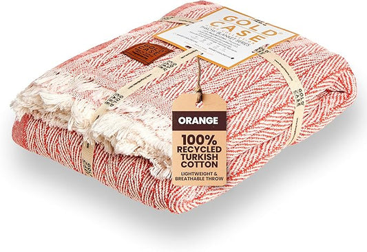 Gold Case Throw Blanket for Couch – 100% Recycled Turkish Cotton Blankets & Throws – Elegant Decorative Throw Blankets for Living Room Sofa – Woven Throws for Couch – Vintage Orange – 60x80-Ruum Studio Home