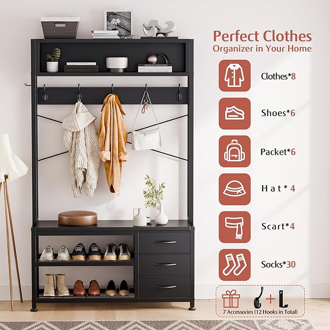 Lulive Hall Tree with Bench and Shoe Storage, 31.5" Coat Rack Freestanding with 2-Tier Storage Shelf, 6-in-1 Entryway Bench Coat Rack with 12 Hooks and 3 Drawers(Black)-Ruum Studio Home