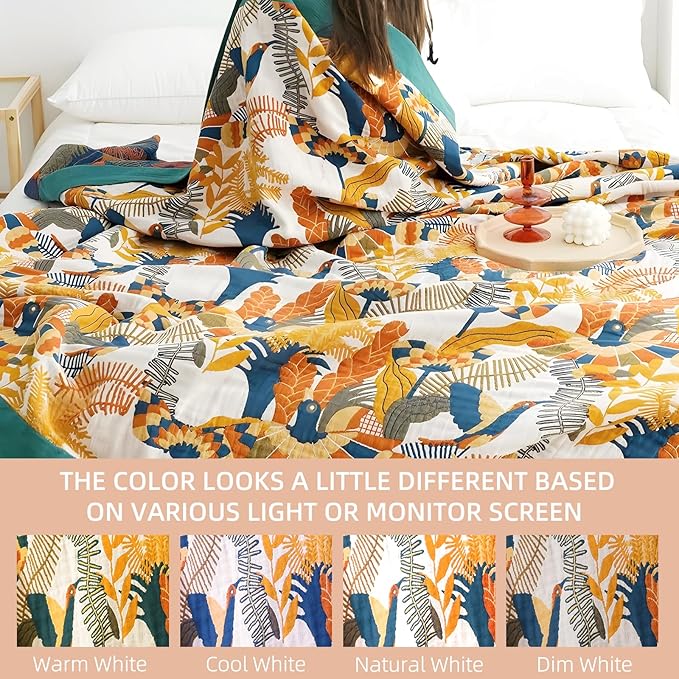 Boho Throw Blanket for Bed - 100% Pure Cotton Ultra Soft Rustic Quilt - Farmhouse Decor Bed Blankets, All Season Rustic Throw for Sofa Couch Chair(91''x 98'', Floral Bird)-Ruum Studio Home