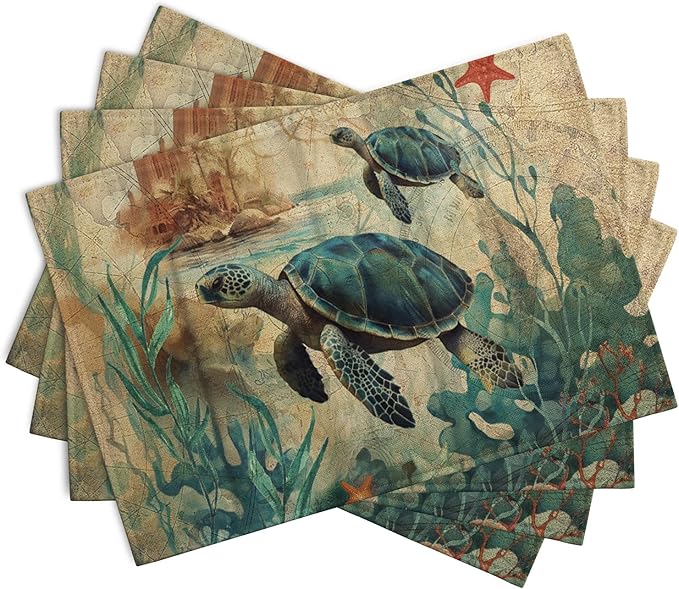 Sea Turtle Placemats Set of 4 Summer Beach Seasonal Linen Table Mats 12x18 Inch Vintage Ocean Animal Heat Resistant Washable Non-Slip Place Mats for Party Kitchen Dining Decoration-Ruum Studio Home