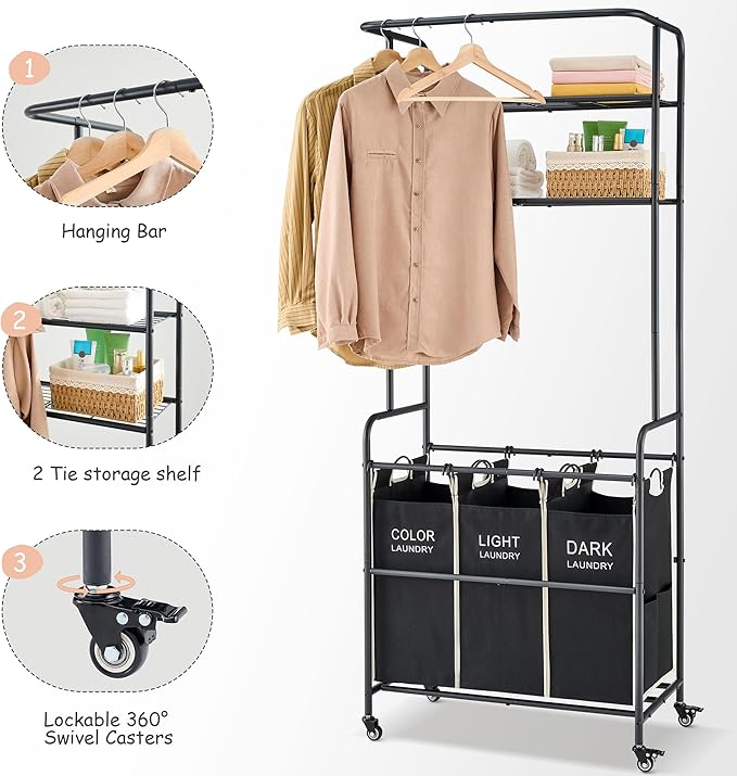Laundry Sorter 3 Section,Laundry Hamper Cart with Hanging Rack & Removable Bags,Heavy Duty Laundry Basket with Wheels & 2 Tier Shelf,Space-Saving Laundry Basket Organizer for Laundry Room-Ruum Studio Home