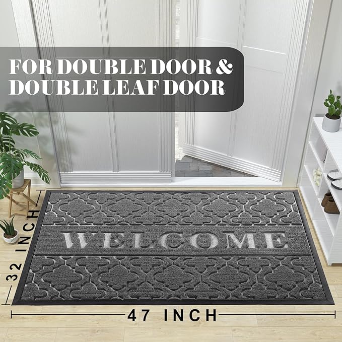 Yimobra Welcome Mat Outdoor Indoor, All-Season Waterproof Front Door Mat Outside Entrance, All-Weather Heavy Duty Non-Slip Doormat, Low Profile Porch Patio Entrance Mats, 47x32, Dark Grey-Ruum Studio Home