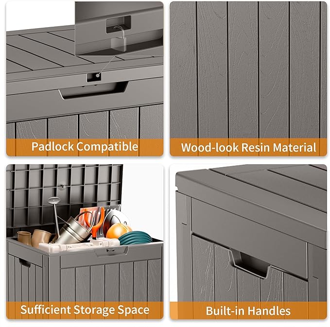 31 Gallon Resin Deck Box, Lockable Patio Outdoor Storage Box for Furniture, Garden Tools and Tools Storage, Waterproof Outside Storage Boxes - Grey-Ruum Studio Home