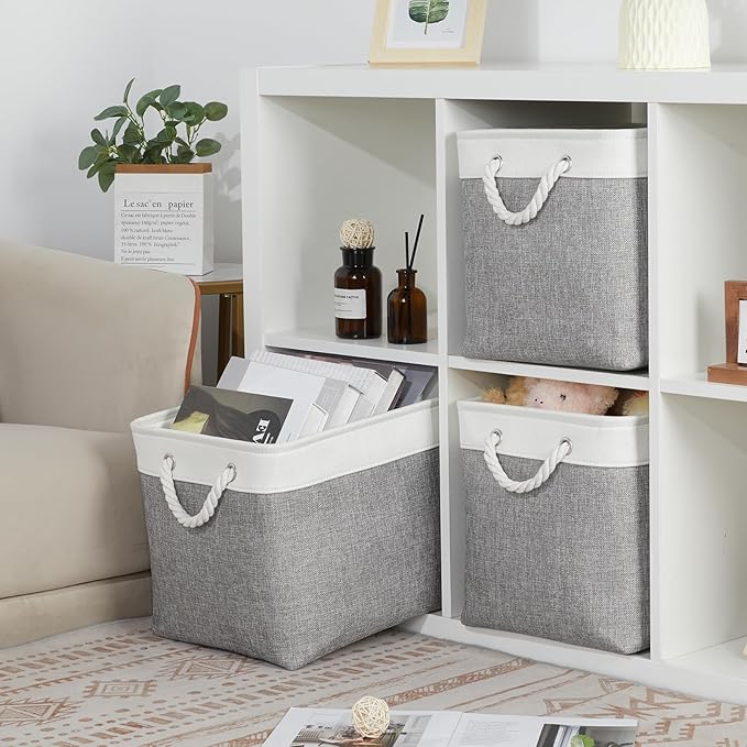 Bidtakay Large Storage Baskets for Organizing 3-Pack Fabric Closet Organizers Storage Bins with Handles 16x11.8x11.8 In Collapsible Baskets for Shelves Cloth Home Organization L-White&Grey-Ruum Studio Home