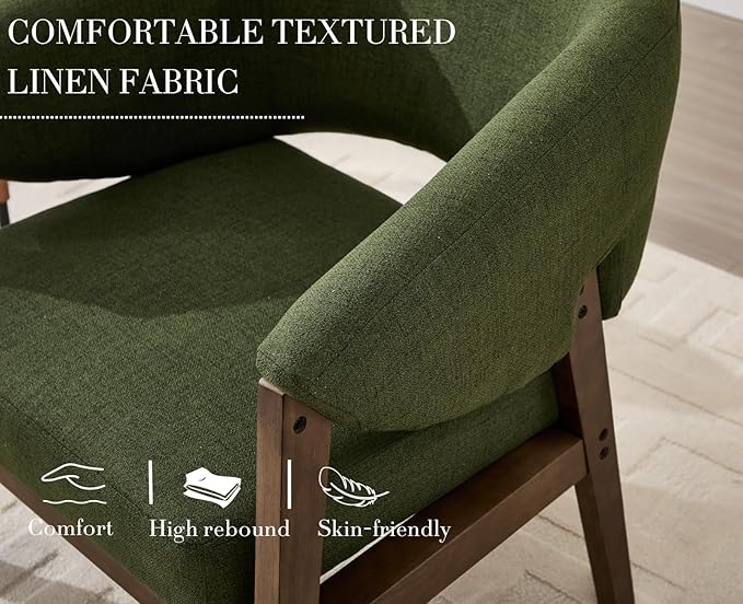 Mid-Century Modern Accent Chairs Set of 2, Comfy Barrel Armchairs with Wide Seat, Upholstered Lounge Chairs with Walnut Wood Legs for Living Room/Bedroom/Reading Corner, Linen Fabric, Deep Green-Ruum Studio Home
