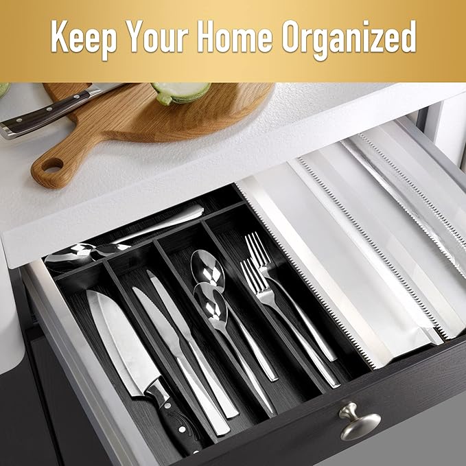 Bamboo Silverware Holder - Drawer Organizer with 5 Slots (Black)-Ruum Studio Home