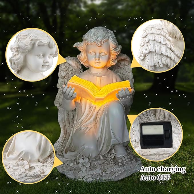 Garden Angel Statues for Outside, Solar Angel for Garden with Bible & Cemetery Decorations for Grave, Angel Figurines for Yard Patio Decor & Lawn Ornaments, Gifts for Mom Grandma Women-Ruum Studio Home