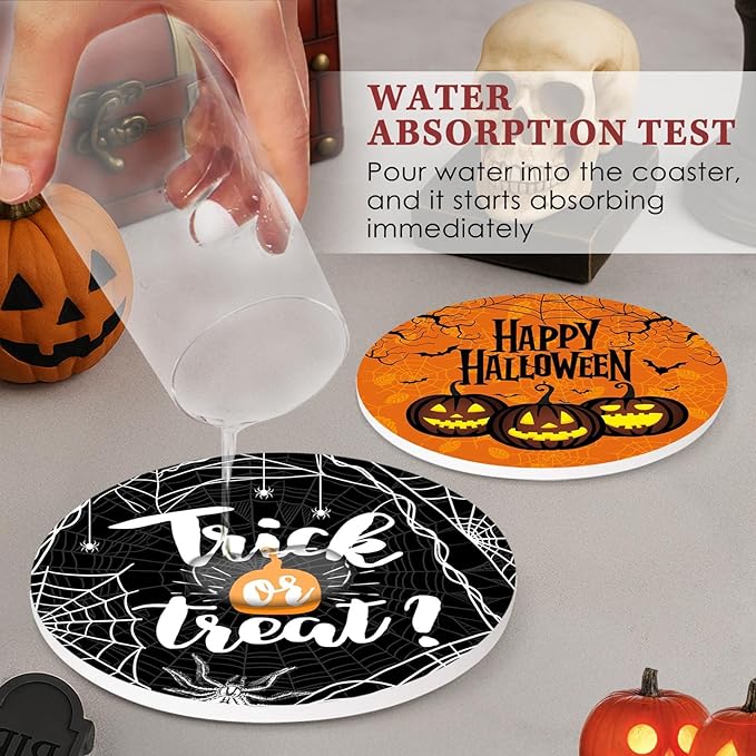 Coaster for Drinks Set of 6, Happy Halloween Trick or Treat Pumpkin Absorbent Round Ceramic Stone Mat, with Cork Base and Metal Holder, Gift for Housewarming Room Bar Decor-Ruum Studio Home