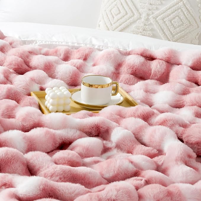 Luxury 1000GSM Faux Rabbit Fur Throw Blanket for Woman, Super Heavy Warm Cozy Blankets for Her for Couch Bed Sofa, Bubble Plush Fuzzy Elegant Soft Reversible Mink Blanket for Living Room Bedroom, Pink-Ruum Studio Home