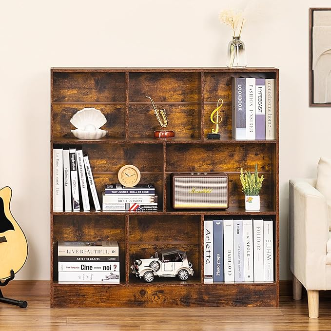 LEYAOYAO 8 Cube Bookshelf with Wood Base, Brown 3 Tier Mid-Century Modern Bookcase,Standing Wide Bookshelves Storage Organizer Shelf,Rustic Display Cabinet Book Shelves for Bedroom,Living Room,Office-Ruum Studio Home