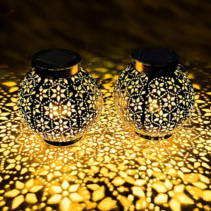 2 Pack Outdoor Solar Lantern Lights, Waterproof Tabletop LED Moroccan Lanterns, Hanging Metal Decorative Garden Lights for Patio, Lawn, Porch, Backyard-Ruum Studio Home