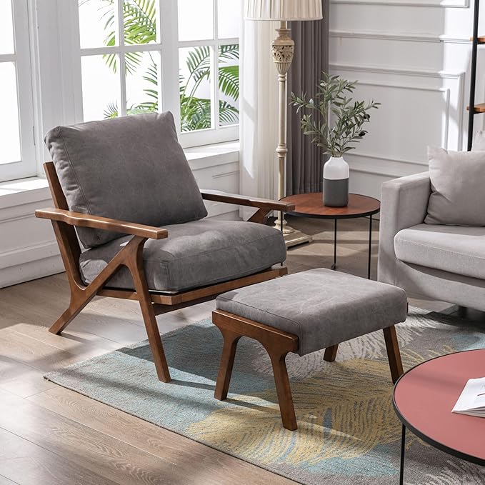 Wahson Set of 2 Mid Century Arm Chairs and Ottomans, Upholstered Accent Armchair with Wood Frame and Canvas Cushions, Leisure Slipper Chair for Living Room/Bedroom, Grey-Ruum Studio Home