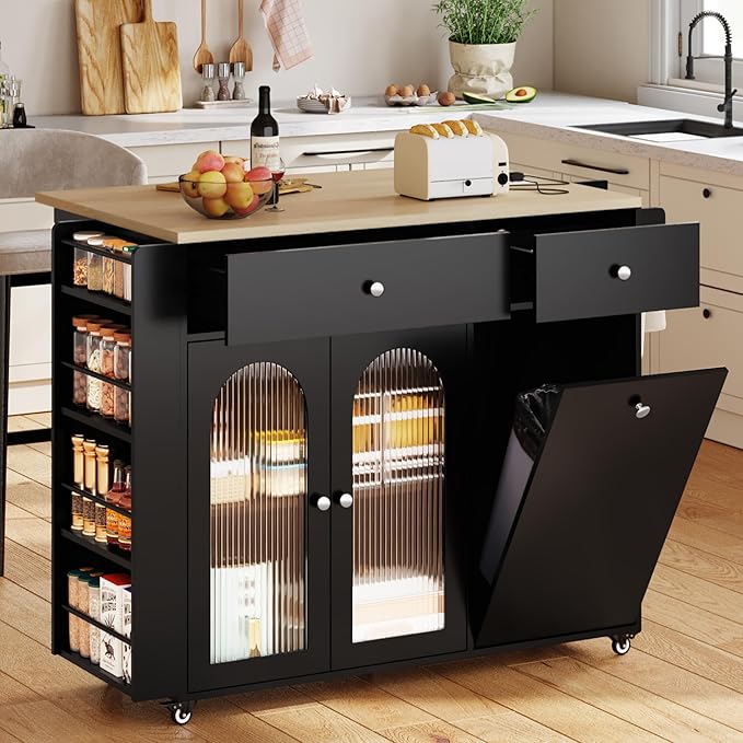 Kitchen Island with Drop Leaf & Power Outlet, Rolling Kitchen Island on Wheels with Trash Can Storage, Island Table Bar Cart with Spice Rack, Towel Rack, Drawers, Mobile Kitchen Carts on Wheels-Ruum Studio Home
