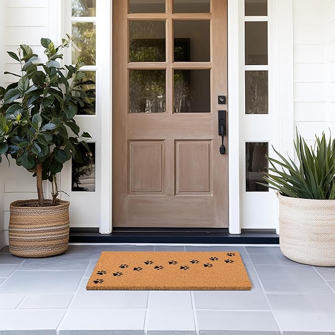 Barnyard Designs Natural Coco Coir Heavy Duty Backing Doormat - Large Cute Non-Slip Front Door Welcome Mat for Outside Entrance or Porch Entry, Brown (17x30, Paws)-Ruum Studio Home