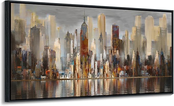 Abstract Brown New York City canvas Wall Art Framed Large Wall Art for Living Room Modern Paintings for Bedroom Cityscape New York Wall Decor Artwork Wall Pictures for Office and Bedroom 24×48in-Ruum Studio Home