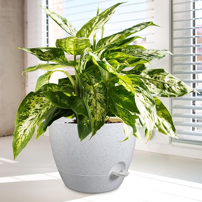 12/10/9 inch Large Self Watering Pots, Plant Pots with Mesh Drainage Holes for Indoor Outdoor Garden Plants, Flower Pots with Deep Reservoir, Set of 3 Plastic Planters, Specked White-Ruum Studio Home