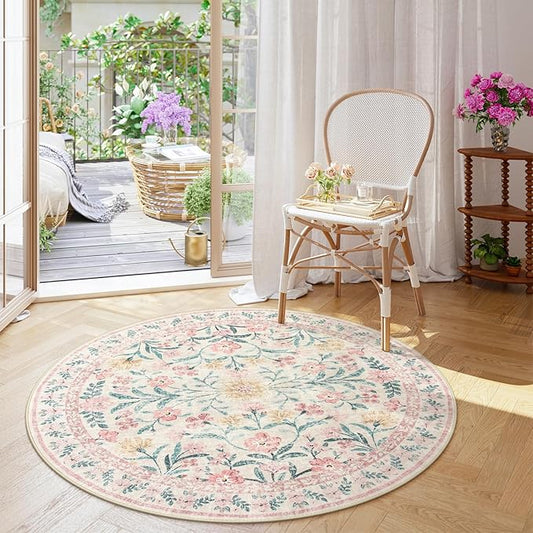 Wonnitar Washable Round Rugs 6ft, Pink Floral Circle Rug Large Round Carpet for Bedroom, Boho Soft Ultra-Thin Circular Carpets for Kids Playroom Living Room Nursery-Ruum Studio Home