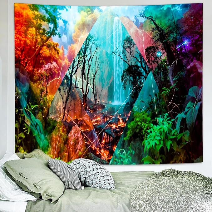 Delur Forest Tapestry Waterfall Mountain Rainforest Sunset Nature Tree Tapestry Wall Hanging Scenic Tropical Landscape Natural Sunrise Headboard for Bedroom Living Room Home Decor (70.8" x 92.5")-Ruum Studio Home