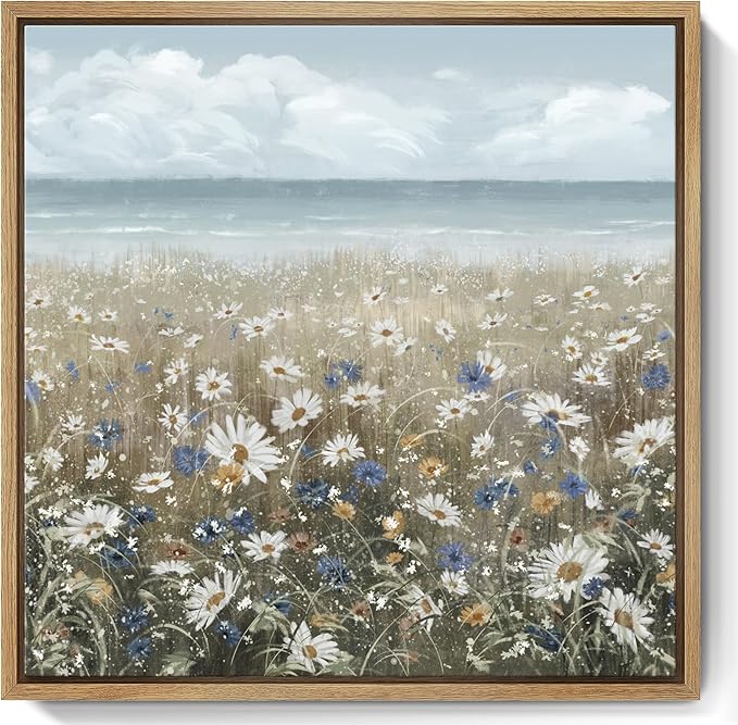 amatop Framed Wall Art Bathroom Décor Boho Beach Coastal Vintage Floral Wall Picture Flower Daisy Flowers by Sea Canvas Print Nautical Small Artwork For Home Farmhouse Living Room Bedroom Office-Ruum Studio Home