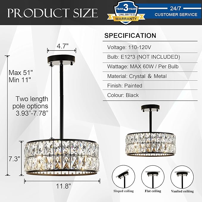 12” 3-Light Modern Crystal Chandeliers Black Dinning Room Light Fixture with Two Poles, Round Pendant Light Kitchen Island Chandelier, Flush Mount Ceiling Light for Living Room Entryway-Ruum Studio Home