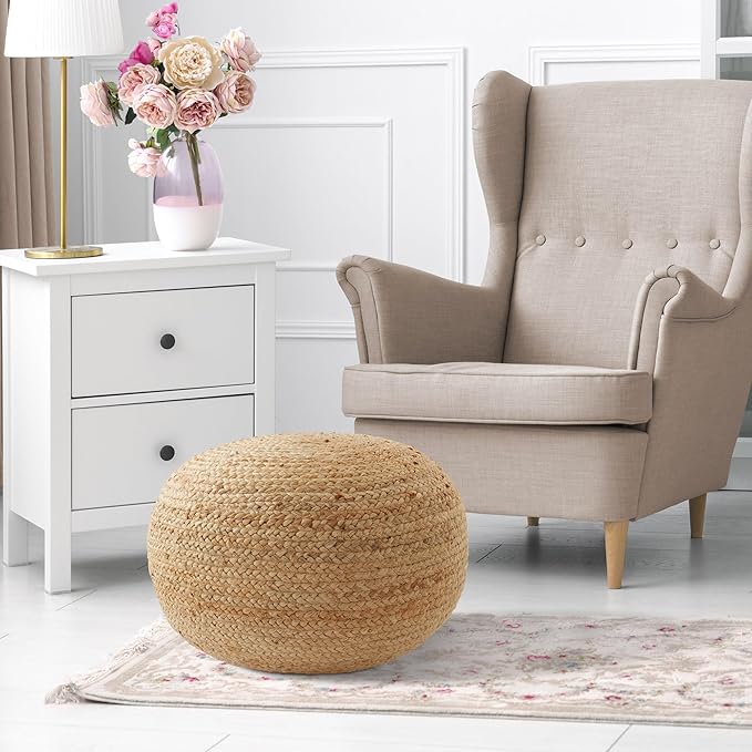 Casafield Hand-Braided Jute Pouf Ottoman Footrest, 19" Round x 10-1/2" High, Natural Woven Boho Floor Cushion, Home Decor for Living Room, Bedroom, Apartment-Ruum Studio Home