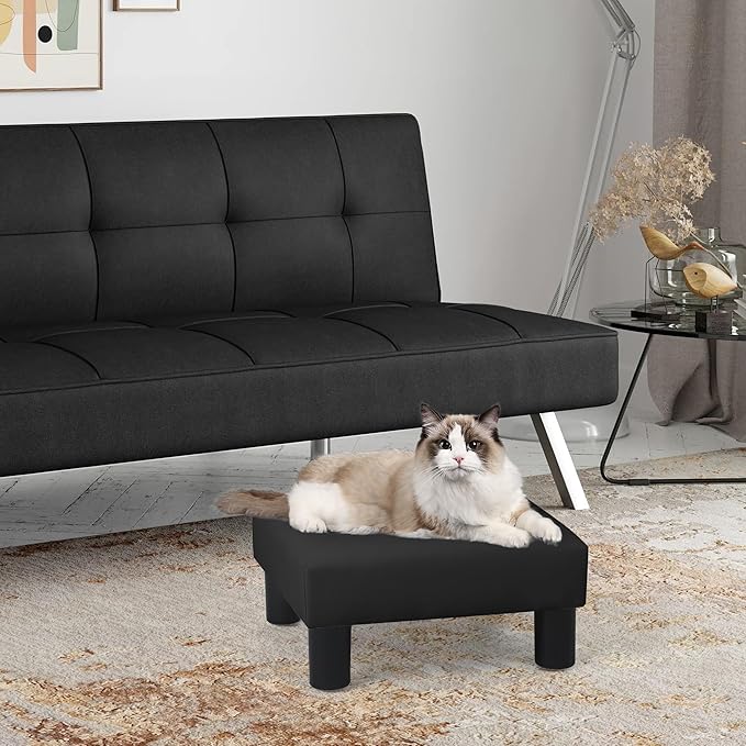 Joveco Small Footstool Ottoman, PU Leather Square Upholstered Footrest with Plastic Legs, Under Desk Foot Stools for Living Room Bedroom Office, Black-Ruum Studio Home