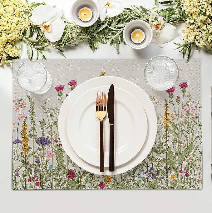 Rustic Wildflower Floral Placemats Set of 4 Spring Summer Vintage Flowers Plants Herbs Linen Table Mats 12x18 Inch Seasonal Flower Decorative Place mats for Farmhouse Kitchen Dining Decoration-Ruum Studio Home