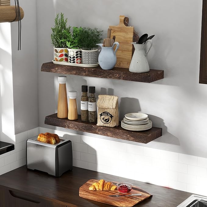 30" Floating Shelves, Live Edge Solid Elm Wood Floating Shelf, Wall Mounted Display Shelves with Heavy-Duty Bracket for Books, Rustic Wooden Shelf for Kitchen, Bathroom, Walnut Color, Set of 2-Ruum Studio Home
