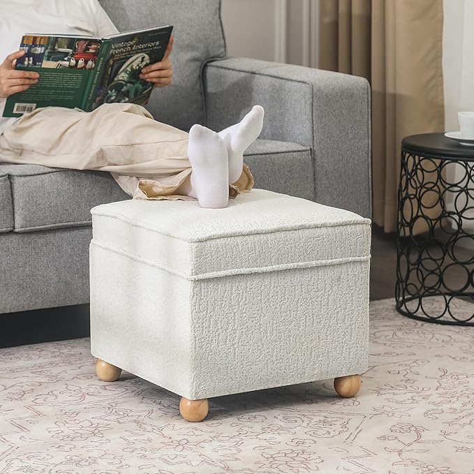 Adeco 17 Inch High Faux Fur White Cube Ottoman Storage, 3D Embossed Velvet Chair Foot Stools, Upholstered Vanity Stool with Hinged Lid, Solid Round Wood Legs-Ruum Studio Home