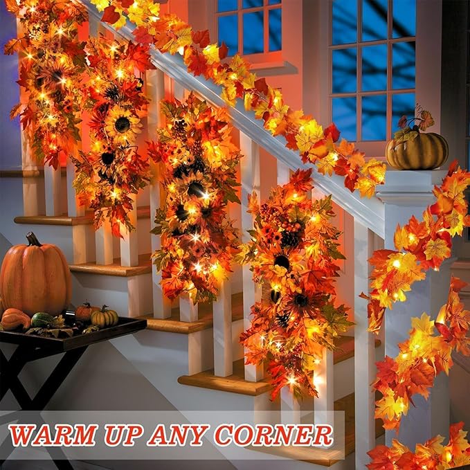 4 Pack Fall Decor Garland - Fall Thanksgiving Decorations for Home - 23.6Ft Maple Leaves Garland with Lights Battery Operated for Mantle Fireplace Table Indoor Outdoor Autumn Halloween Christmas Decor-Ruum Studio Home